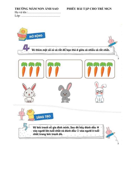 Bài tập dạy trẻ vẽ thêm cà rốt cho bạn thỏ ở giữ để bạn thỏ có số cà rốt nhiều nhất